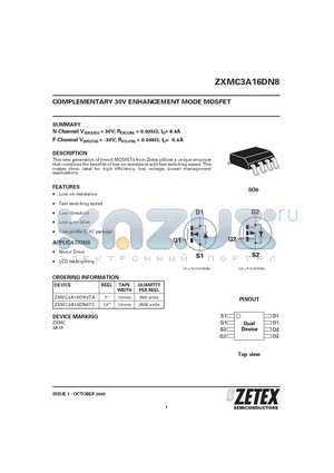 ZXMC3A16DN8 datasheet - COMPLEMENTARY 30V ENHANCEMENT MODE MOSFET