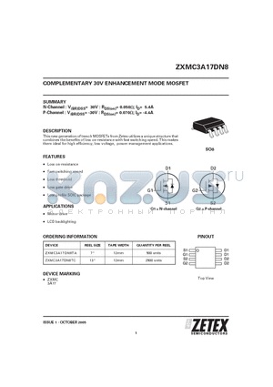 ZXMC3A17DN8 datasheet - COMPLEMENTARY 30V ENHANCEMENT MODE MOSFET