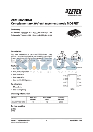 ZXMC3A18DN8 datasheet - Complementary 30V enhancement mode MOSFET