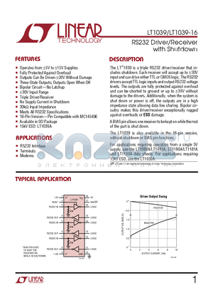 LT1039I datasheet - RS232 Driver/Receiver with Shutdown