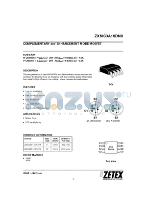 ZXMC3A18DN8TC datasheet - COMPLEMENTARY 30V ENHANCEMENT MODE MOSFET