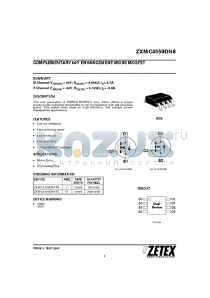 ZXMC4559DN8 datasheet - COMPLEMENTARY 60V ENHANCEMENT MODE MOSFET