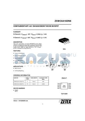 ZXMC4A16DN8TC datasheet - COMPLEMENTARY 40V ENHANCEMENT MODE MOSFET
