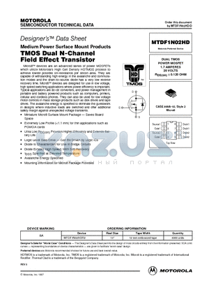 MTDF1N02HD datasheet - DUAL TMOS POWER MOSFET 1.7 AMPERES 20 VOLTS RDS(on) = 0.120 OHM