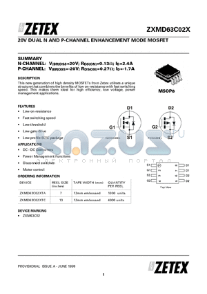 ZXMD63C02XTC datasheet - 20V DUAL N AND P-CHANNEL ENHANCEMENT MODE MOSFET