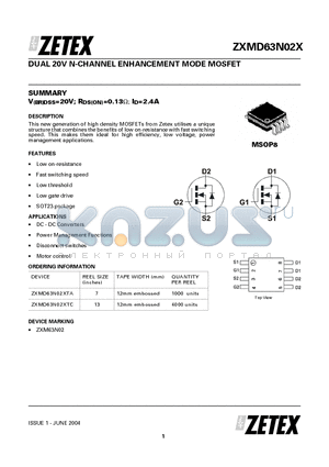 ZXMD63N02XTA datasheet - DUAL 20V N-CHANNEL ENHANCEMENT MODE MOSFET