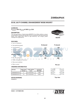 ZXMD63P03XTA datasheet - DUAL 30V P-CHANNEL ENHANCEMENT MODE MOSFET
