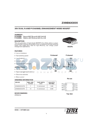 ZXMD63C03XTA datasheet - 30V DUAL N AND P-CHANNEL ENHANCEMENT MODE MOSFET