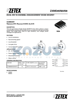ZXMD65N03N8 datasheet - DUAL 30V N-CHANNEL ENHANCEMENT MODE MOSFET