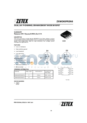 ZXMD65P02N8TC datasheet - DUAL 20V P-CHANNEL ENHANCEMENT MODE MOSFET