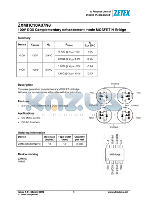ZXMHC10A07N8 datasheet - 100V SO8 Complementary enhancement mode MOSFET H-Bridge