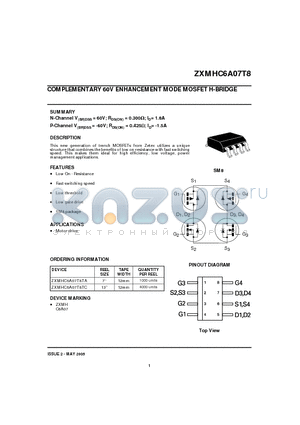 ZXMHC6A07T8TC datasheet - COMPLEMENTARY 60V ENHANCEMENT MODE MOSFET H-BRIDGE