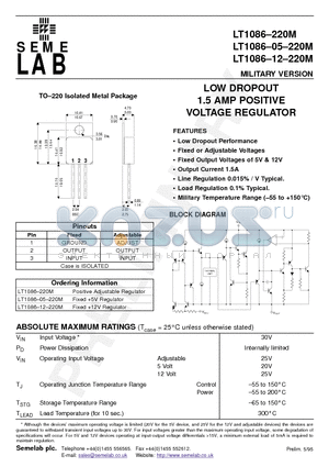 LT1086-220M datasheet - LOW DROPOUT 1.5 AMP POSITIVE VOLTAGE REGULATOR