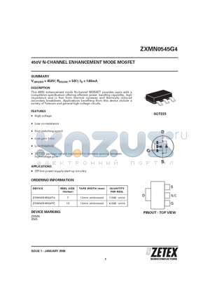ZXMN0545G4TC datasheet - 450V N-CHANNEL ENHANCEMENT MODE MOSFET