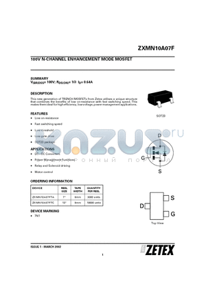 ZXMN10A07F datasheet - 100V N-CHANNEL ENHANCEMENT MODE MOSFET