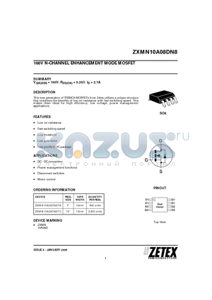 ZXMN10A08DN8 datasheet - 100V N-CHANNEL ENHANCEMENT MODE MOSFET