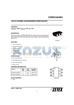 ZXMN10A08E6 datasheet - 100V N-CHANNEL ENHANCEMENT MODE MOSFET