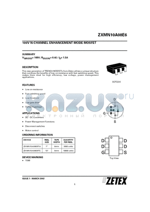 ZXMN10A08E6TA datasheet - 100V N-CHANNEL ENHANCEMENT MODE MOSFET