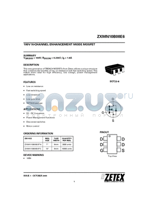 ZXMN10B08E6TA datasheet - 100V N-CHANNEL ENHANCEMENT MODE MOSFET