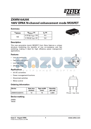 ZXMN10A25K datasheet - 100V DPAK N-channel enhancement mode MOSFET