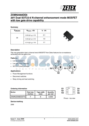 ZXMN2088DE6 datasheet - 20V Dual SOT23-6 N-channel enhancement mode MOSFET with low gate drive capability