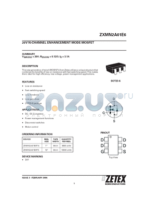 ZXMN2A01E6 datasheet - 20V N-CHANNEL ENHANCEMENT MODE MOSFET