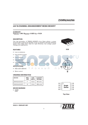 ZXMN2A02N8 datasheet - 20V N-CHANNEL ENHANCEMENT MODE MOSFET