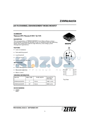 ZXMN2A02X8TC datasheet - 20V N-CHANNEL ENHANCEMENT MODE MOSFET