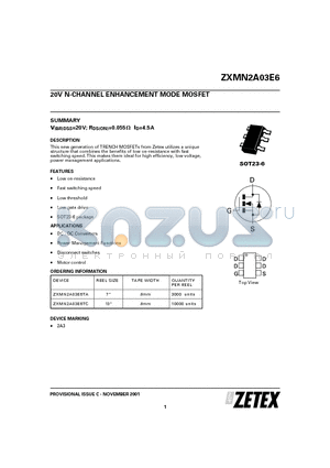 ZXMN2A03E6TA datasheet - 20V N-CHANNEL ENHANCEMENT MODE MOSFET