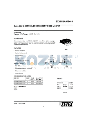 ZXMN2A04DN8 datasheet - DUAL 20V N-CHANNEL ENHANCEMENT MODE MOSFET