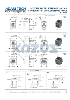 MTJ-443X1 datasheet - MODULAR TELEPHONE JACKS .645 HEIGHT, TOP ENTRY, OPEN BODY - TYPE 3