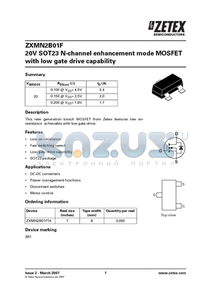 ZXMN2B01F datasheet - 20V SOT23 N-channel enhancement mode MOSFET