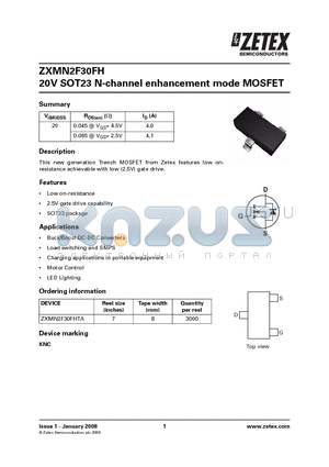 ZXMN2F30FHTA datasheet - 20V SOT23 N-channel enhancement mode MOSFET