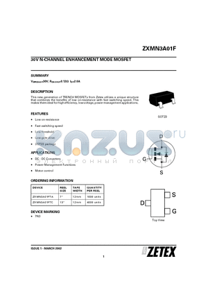 ZXMN3A01 datasheet - 30V N-CHANNEL ENHANCEMENT MODE MOSFET