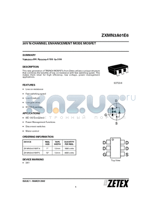 ZXMN3A01E6 datasheet - 30V N-CHANNEL ENHANCEMENT MODE MOSFET