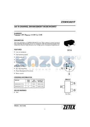 ZXMN3A01FTC datasheet - 30V N-CHANNEL ENHANCEMENT MODE MOSFET
