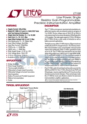 LT1168CS8 datasheet - Low Power, Single Resistor Gain Programmable, Precision Instrumentation Amplifier