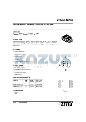 ZXMN3A02X8 datasheet - 30V N-CHANNEL ENHANCEMENT MODE MOSFET