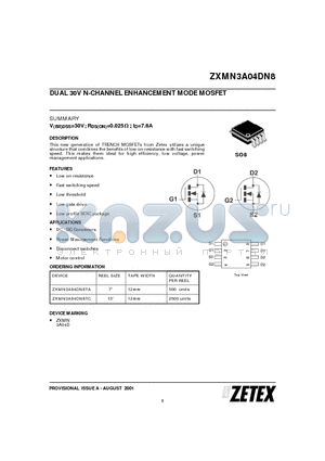 ZXMN3A04DN8 datasheet - DUAL 30V N-CHANNEL ENHANCEMENT MODE MOSFET