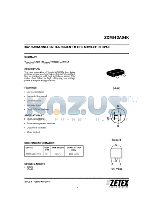 ZXMN3A04KTC datasheet - 30V N-CHANNEL ENHANCEMENT MODE MOSFET IN DPAK