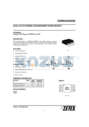 ZXMN3A06DN8 datasheet - DUAL 30V N-CHANNEL ENHANCEMENT MODE MOSFET