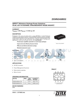 ZXMN3AM832 datasheet - MPPS Miniature Package Power Solutions DUAL 30V N-CHANNEL ENHANCEMENT MODE MOSFET