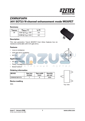 ZXMN3F30FH datasheet - 30V SOT23 N-channel enhancement mode MOSFET