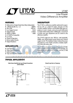 LT1187 datasheet - Low Power Video Difference Amplifier