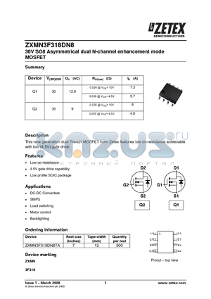 ZXMN3F318DN8 datasheet - 30V SO8 Asymmetrical dual N-channel enhancement mode MOSFET