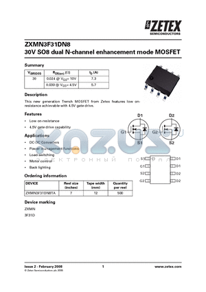 ZXMN3F31DN8TA datasheet - 30V SO8 dual N-channel enhancement mode MOSFET