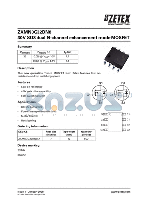ZXMN3G32DN8TA datasheet - 30V SO8 dual N-channel enhancement mode MOSFET