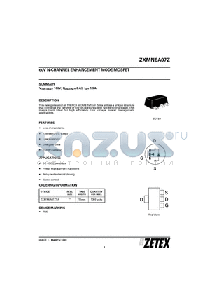 ZXMN6A07Z datasheet - 60V N-CHANNEL ENHANCEMENT MODE MOSFET