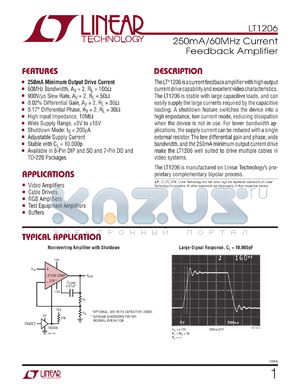 LT1206 datasheet - 250mA/60MHz Current Feedback Amplifier Adjustable Supply Current