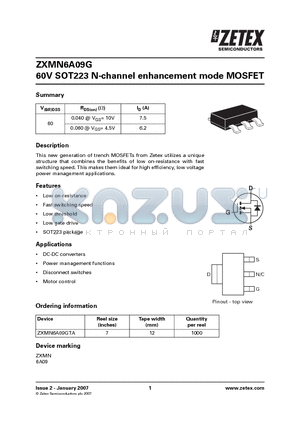 ZXMN6A09G datasheet - 60V SOT223 N-channel enhancement mode MOSFET